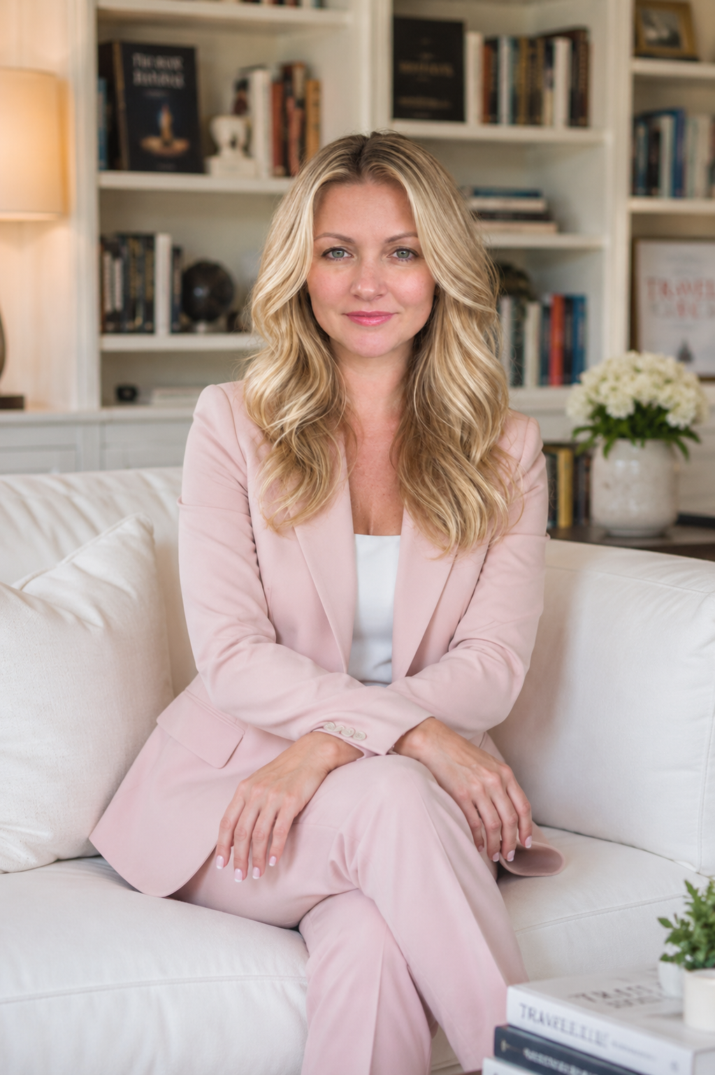 Kate Rade seated in a light pink suit in front of bookshelves